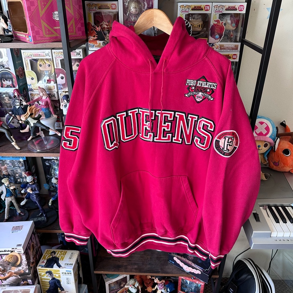 Vintage Y2K FUBU Queens New York Red Hoodie Spellout Men’s 2XL